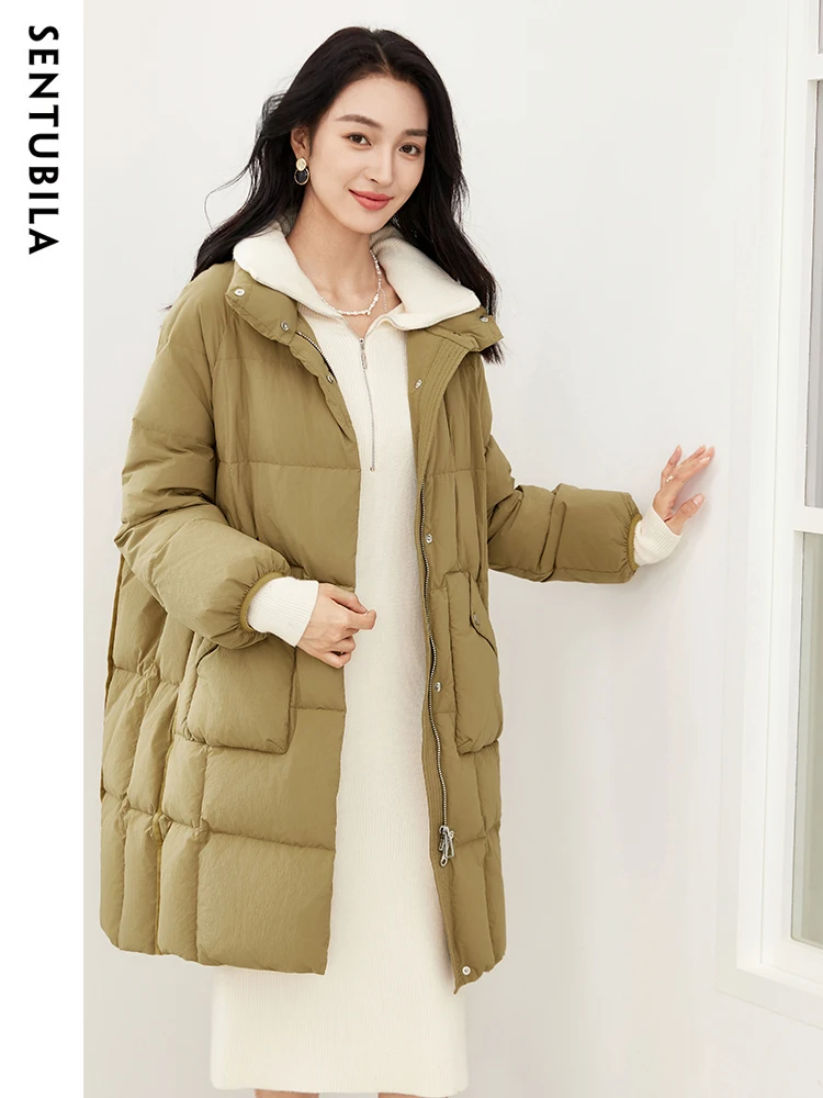 SENTUBILA Women's Fashion Down Coat Winter Mid Length White Duck Down Jacket 2023 Windproof Warm Classic Puffer Jacket W34Y49572