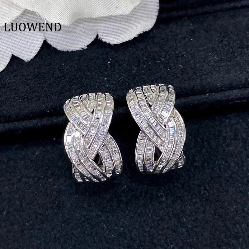 LUOWEND 18K White Gold Earrings Shiny Real Natural Diamond Hoop Earrings Fashion Woven T-Square Shape Party Jewelry for Women new summer women fashion bohemian pp grass woven wide belt acrylic round buckle square buckle belt decorative dress waistband