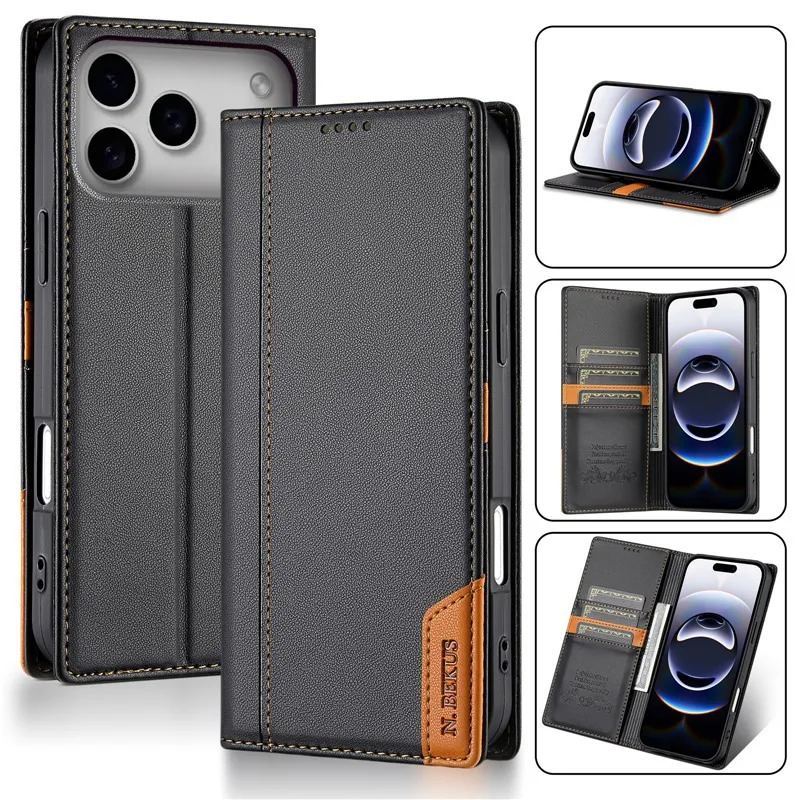 Sleek Leather Wallet Case with Double Hem Stitching and Card Slot Flip Kickstand