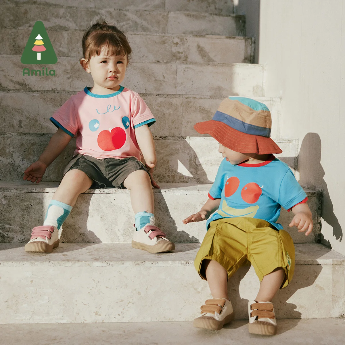Amila Baby T-shirt Summer New Fun Fruit Emoticon Print Soft Wicks Sweat Short Sleeve Boys and Girls Clothing