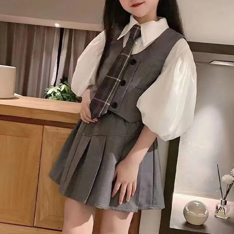 

2024 Elegant Fashion Harajuku Slim Fit Children Clothes Loose Casual All Match Shirt All Match Vest Solid Button Two Piece Set