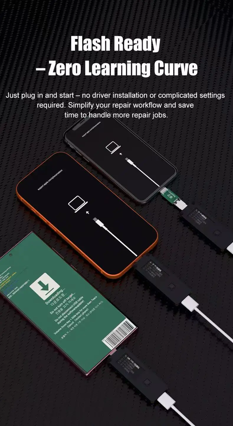 YAKE는 iPhone 6-17 및 삼성 모델과 완벽하게 호환됩니다. 수리 케이블, 복구 케이블, 플래싱 케이블이 제공됩니다.