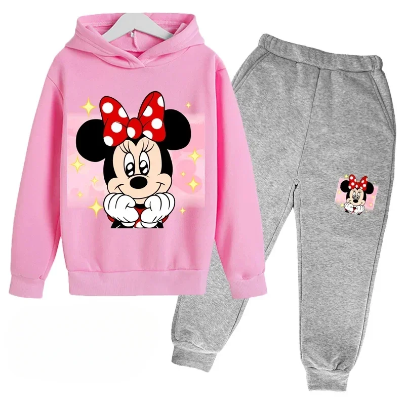 thumbnail image 1 of Conjunto de 2 piezas de sudadera con capucha y pantalones de manga larga con estampado de dibujos animados de Mickey Minnie para primavera y otoño, ropa deportiva informal para niños y niñas, 1 of 5