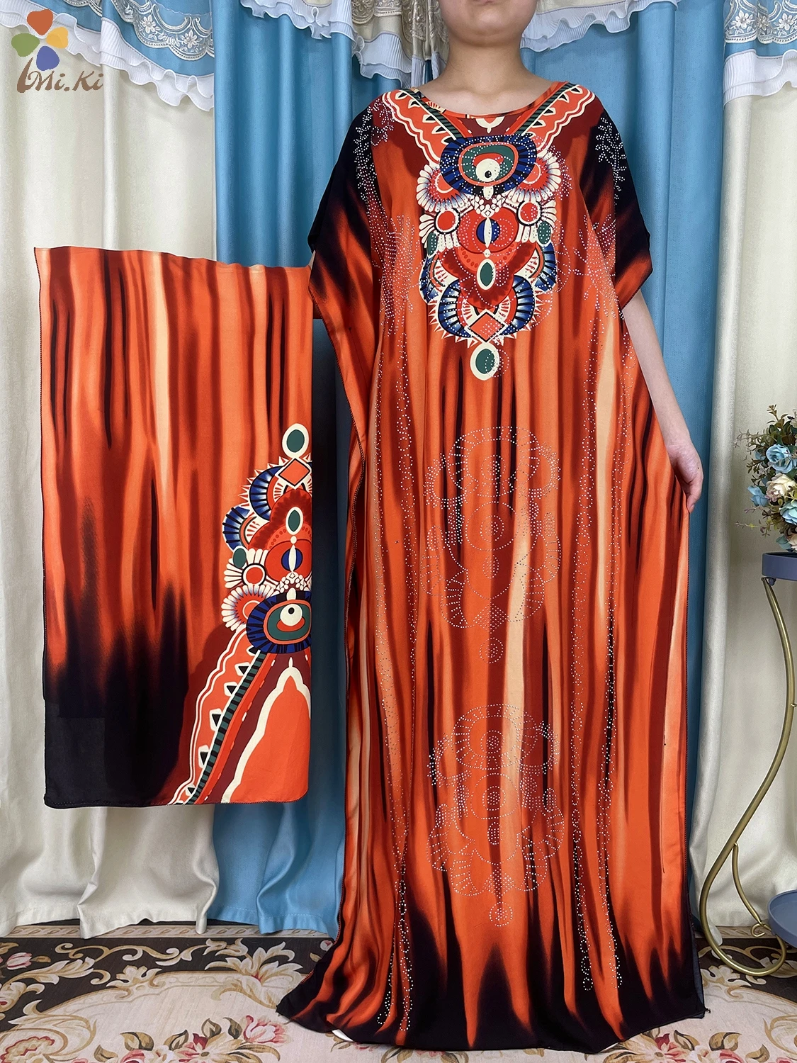 2024 New African Abaya Women Short Sleeved Dress Tie Dyed Diamond Scarf Dress Dubai Maxi Loose Fitting Dress Islamic Clothing
