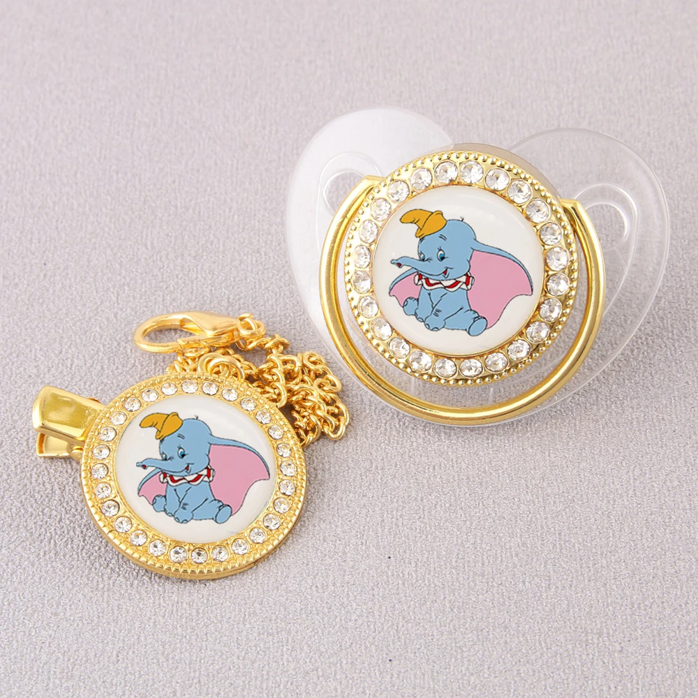 Disney Dumbo Baby Pacifier With Chain Clip Food Grade Silicone Infant Dummy Nipple Bling Rhinestones Newborn Soother Unique Gift baby milk powder scoop