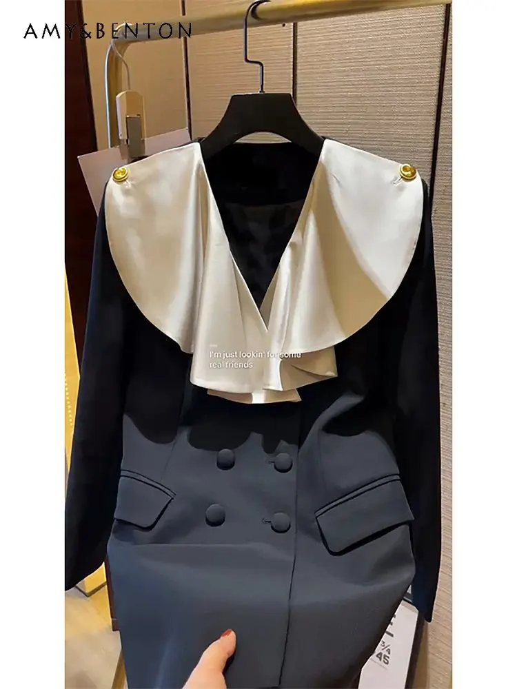 

Black Business Suit Dress Autumn and Winter High-Grade French Style Temperament Socialite Long Sleeve Mid-length Dress