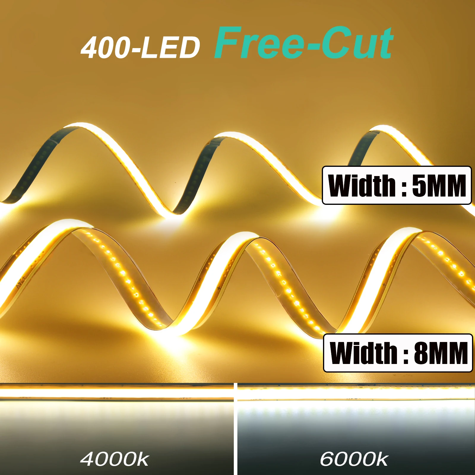 프리컷 LED 스트립 조명 12V 24V 400LEDs/M 자가 접착식 3000K 따뜻한 백색/4000K 중성 백색/6000K 백색 IP21 가정 장 유연 로프
