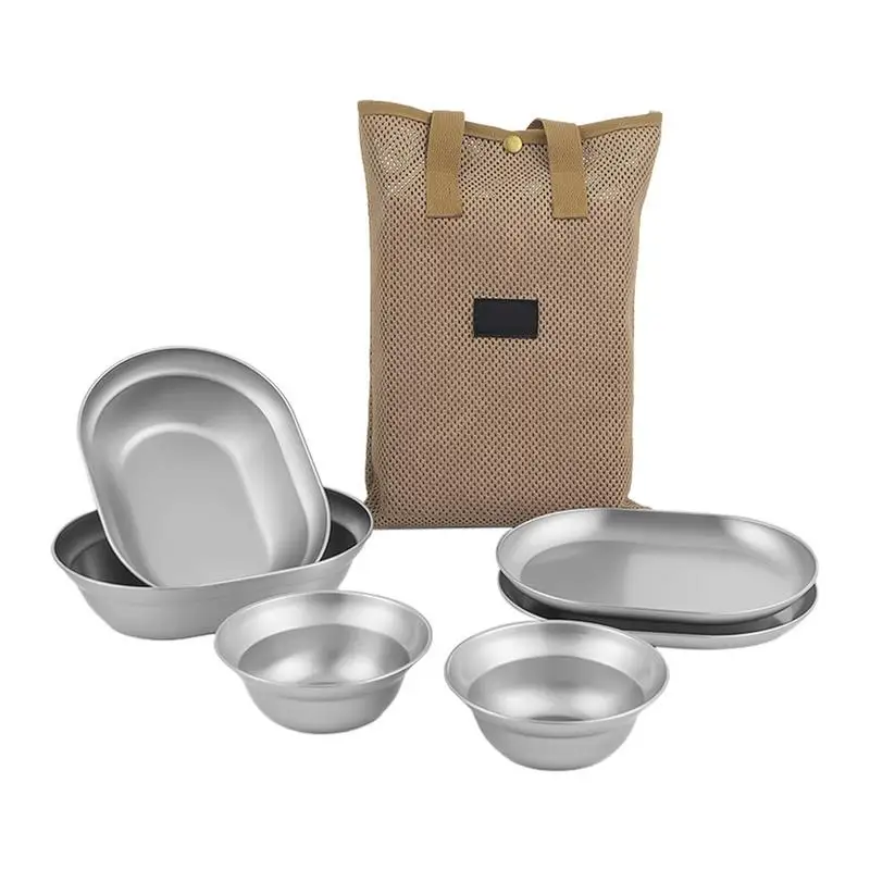 

Camping Plates And Bowls Stainless Steel Dinnerware Set Rust-Proof Camping Serving Plates Feeding Serving Camping Plates For