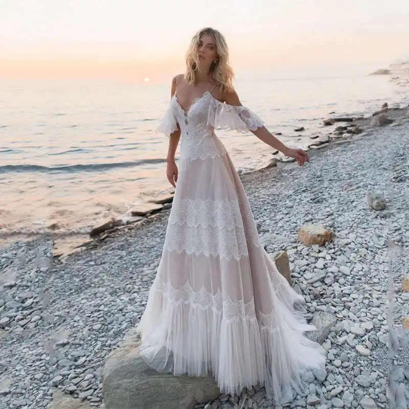 

vestidos de renda Spaghetti Straps Bohemian Boho Beach Wedding Dresses Nude Champagne Off the Shoulder Bridal Dresses