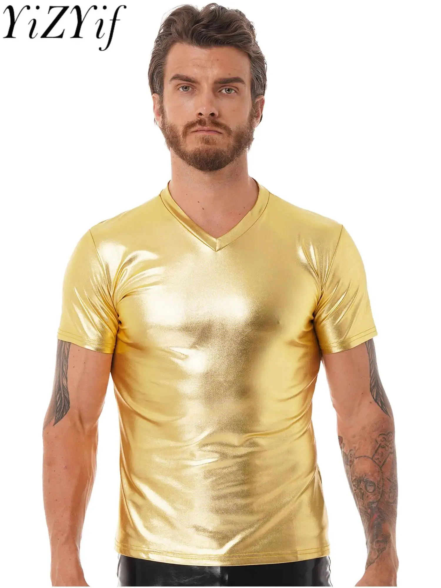 

Night Club Wear Mens Shiny Metallic T-shirt Slim Fit Gold Shirt Fashion Men Short Sleeve Tops For Disco Party Club Stage Costume
