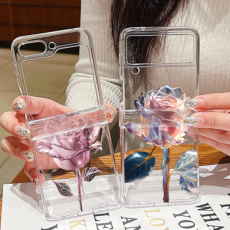 Rose Flower Pattern Clear Phone Case - Hard PC Folding Cover