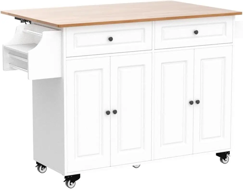 Island on Wheels Kitchen Cart with Rubber Wood Top, Mobile Kitchen Island with Double Storage Cabinet and Drawers, Table