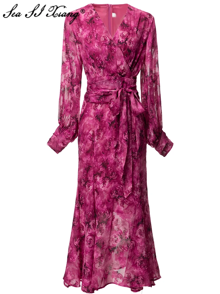 

Женское жаккардовое платье Seasixiang, винтажное дизайнерское платье с V-образным вырезом, рукавами-фонариками и принтом в виде роз, на шнуровке, весна