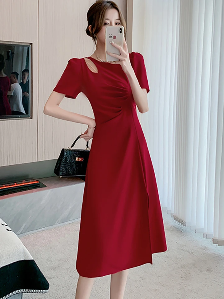 holycute   トップス Black Pleated Chic Hollow Out Elegant Women's Dress Summer