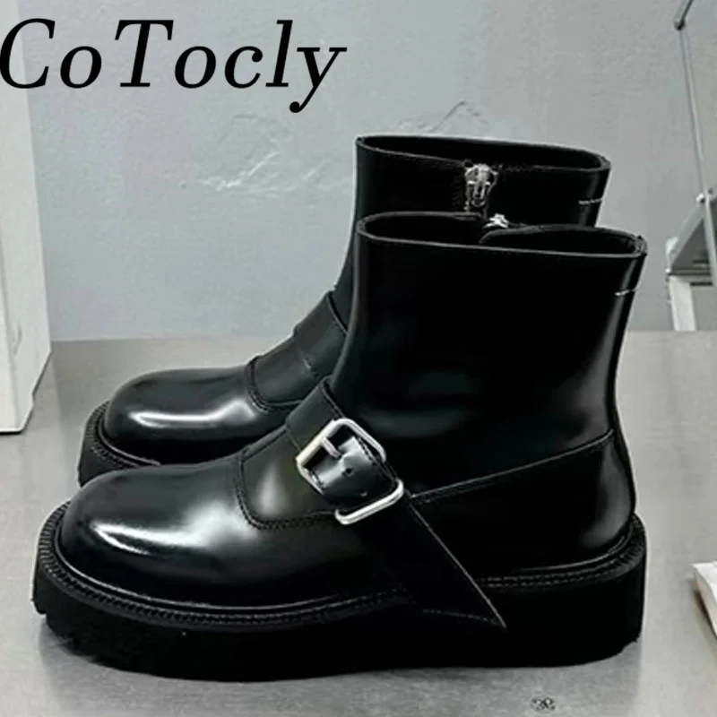 

Autumn Short Boots Women Genuine Leather Round Toe Zip Metal Decoration Runway Shoes Female Fashion Modern Ankle Boots Woman