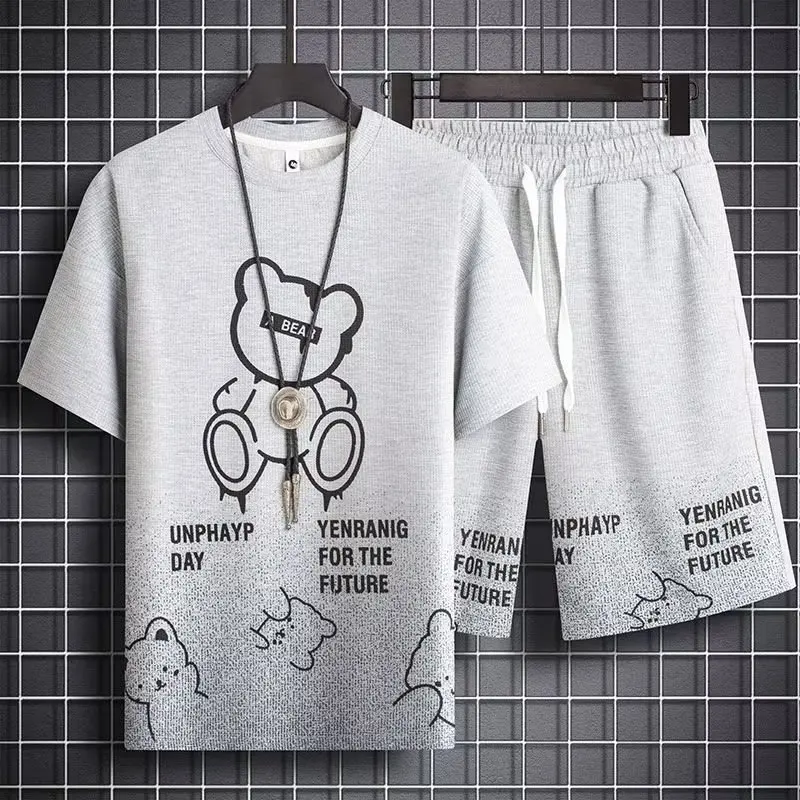 여름 캐주얼 곰 패턴 세트 남성 트렌디 브랜드 0대 반팔 반바지 스포츠웨어 세트 면 소재 티셔츠