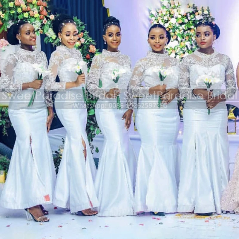 

White Lace Appliques Long Sleeves Bridesmaid Dresses Mermaid Side Split Sheer High Neck Floor Length Wedding Guest Dress Party
