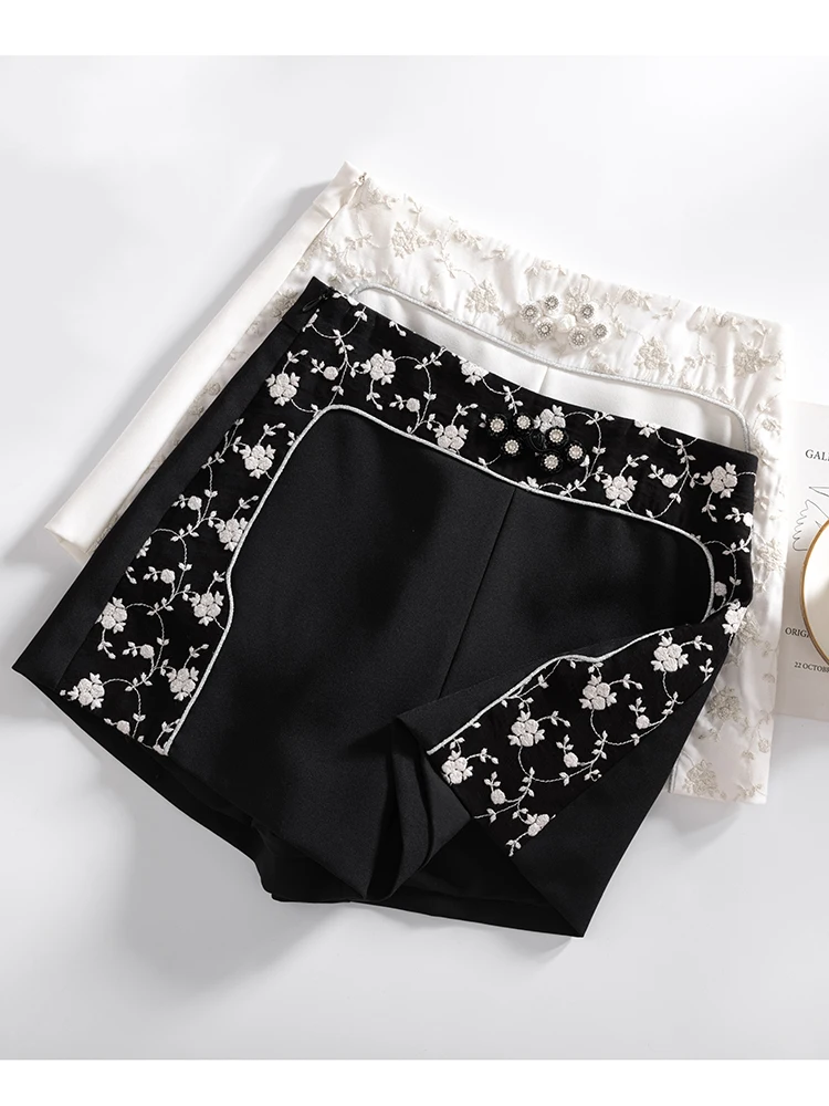 QOERLIN Chinese Style Beaded Embroideried Floral Shorts Women Elegant Wide Leg High Waist Black White Side Zipper Summer Shorts