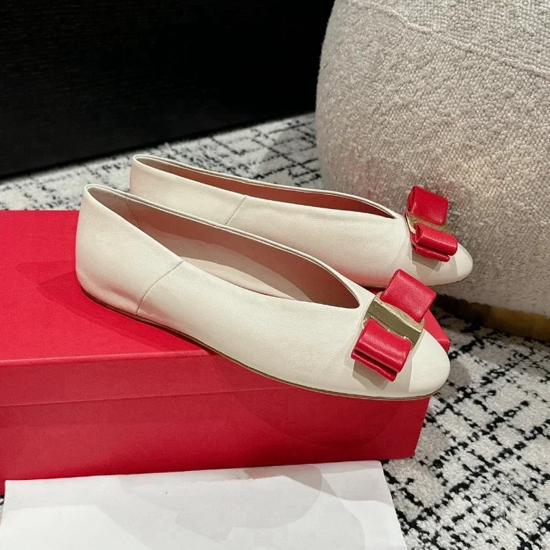 Flat handmade ballet shoes, leather, light round head, bow trim, light mouth women's slip-up shoes, 2024 3