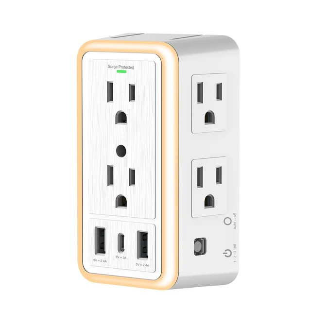 USB Wall Charger Surge Protector 6 Outlet Extender พร้อมพอร์ตชาร์จ USB 3 พอร์ต (1 USB C Outlet) และไฟกลางคืนสําหรับบ้านสํานักงาน 1