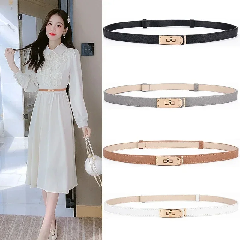 

2024 Fashion Brand High Quality Women Genuine Leather 1.4cm Width Belts Golden Lock Buckle Dress Jeans Waistband Sweater Belt