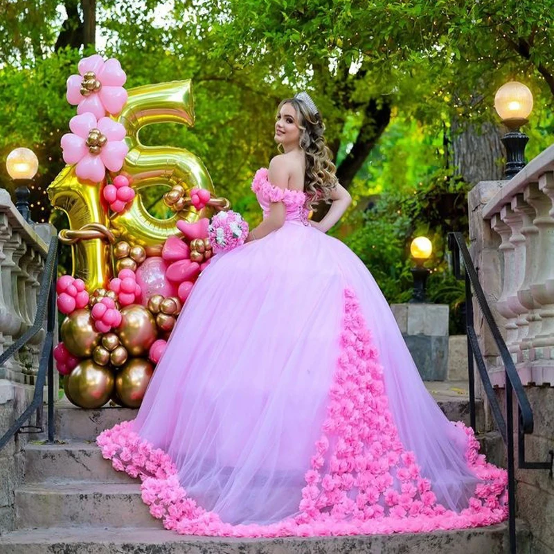 

Pink Quinceanera Dresses Ball Gown Tulle 15 anos Flowers Fluffy Off The Shoulder Evening Dresses Sweet 18 Prom Dress