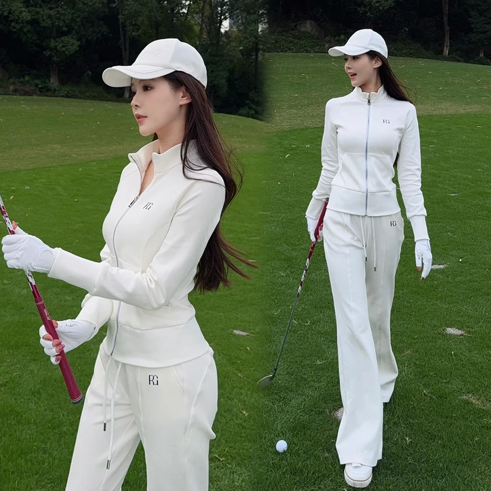 Sports Short Style Coat Golf Suit Zipper Long-sleeved Slim-fit Stand-up Collar Top Stretch Waist Trousers Women's Golf Wear