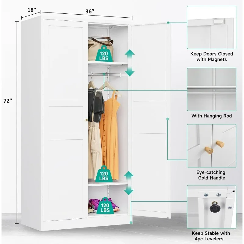 Metal Wardrobe Cabinet with Hanging Rod, Metal Clothing Storage Cabinet with Adjustable Shelves and Doors, 72 Inch Wardrobe 2