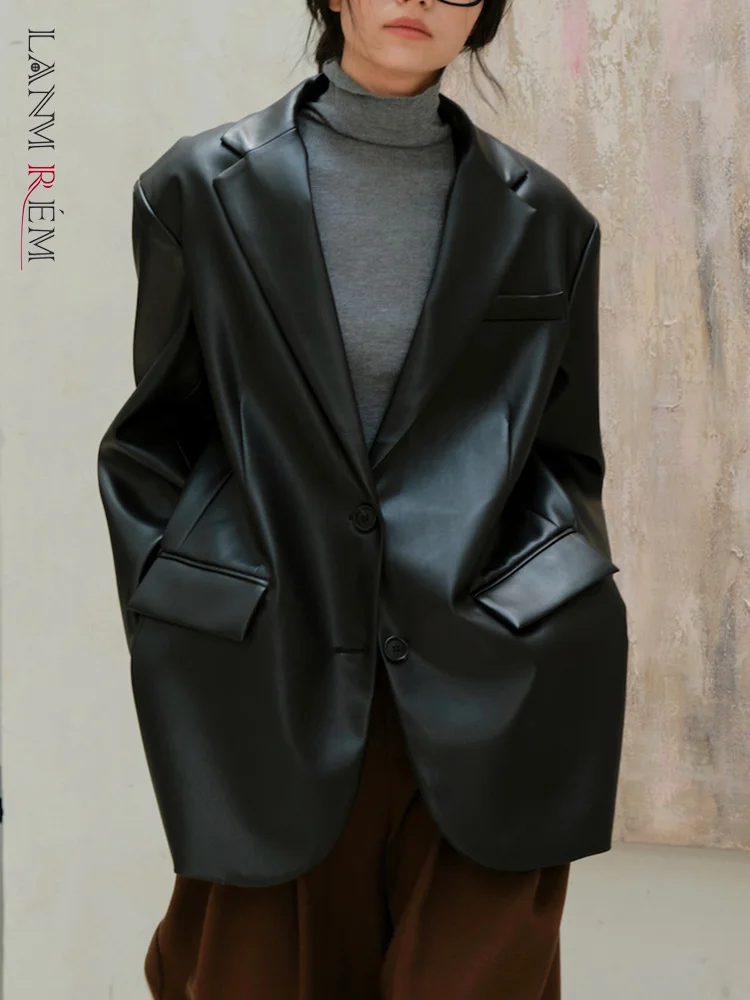 

LANMREM Women's PU Leather Black Blazers Fashion Notched Collar Single Breasted Coat Office Lady 2023 Autumn New 2AA2373