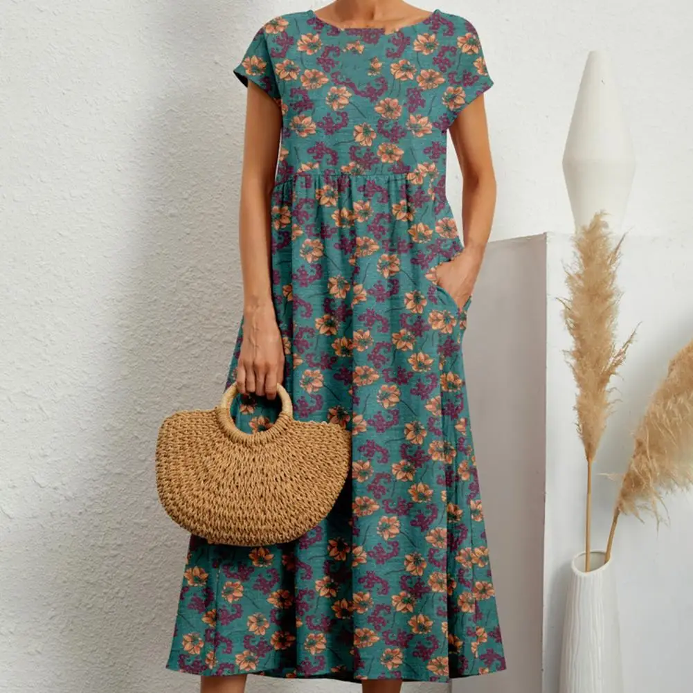 

Women Loose Fit Dress Floral Print Patchwork Pleated A-line Midi Dress Bohemian Style with Short Sleeves Big Hem for Wear Plant