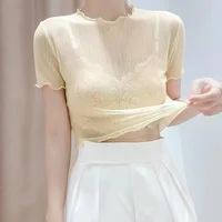 Bla Lace Crop Top Women's Summer New Sle T-irt Inner Wear ort Sve Lace Trim Me Dring Underwear Korean Sle