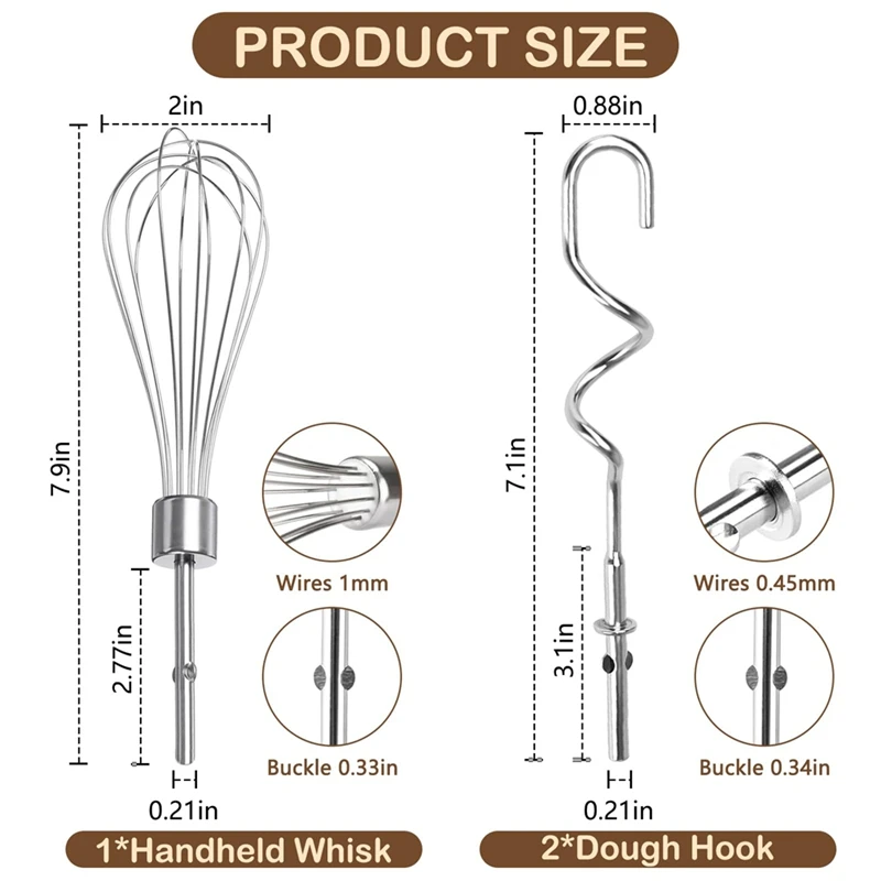 3Pcs For Kitchenaid Whisk Attachment Replacement Beaters Of Dough Hook And Whisk for Kitchenaid & Hand Mixer