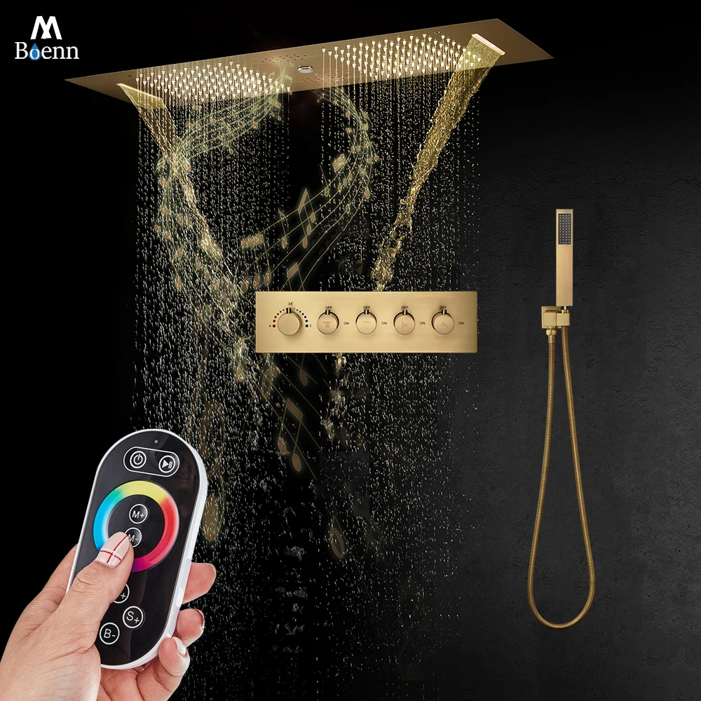

M Boenn Gold Shower Systems 4 Functions Thermostatic Bathroom Shower Faucets Embedded Ceiling Large Smart LED Music ShowerHeads