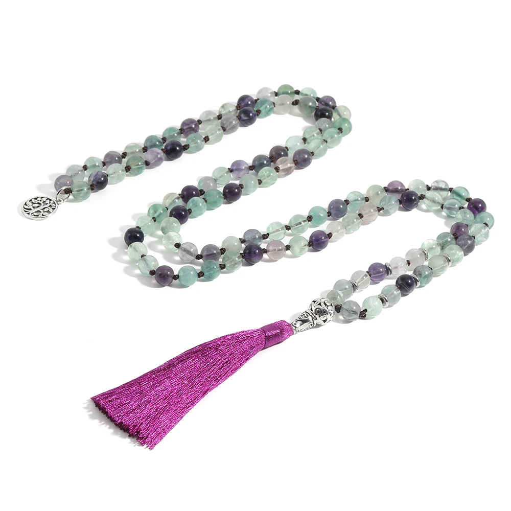 

OAIITE 108 Mala Bead Necklace Men 8mm Color fluorite Life Tree Pendant necklace Women Spiritual Healing Reiki Jewelry Gift