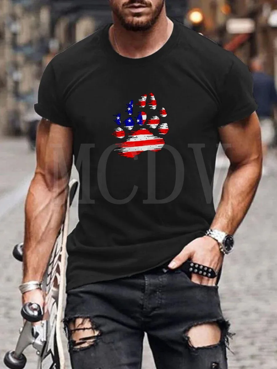 

2023 Summer Men's Printed Casual Crew Neck Short Sleeve T-Shirt American Flag Independence Day Paw Prints 3D Printed T Shirt