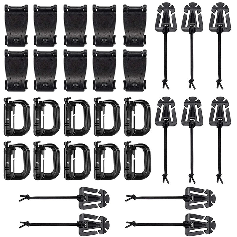 

30pcs Attachments Molle Bag Tactical Backpack Vest Belt D-Ring Locking Gear Clip Web Elastic Strings Strap Tool Buckle