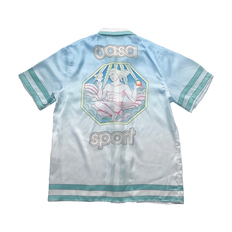 

2023 Gradient Blue Casablanca Silk Shirt Hip Hop Streetwear Men Women Short Sleeve Hawaii Beach Shirts