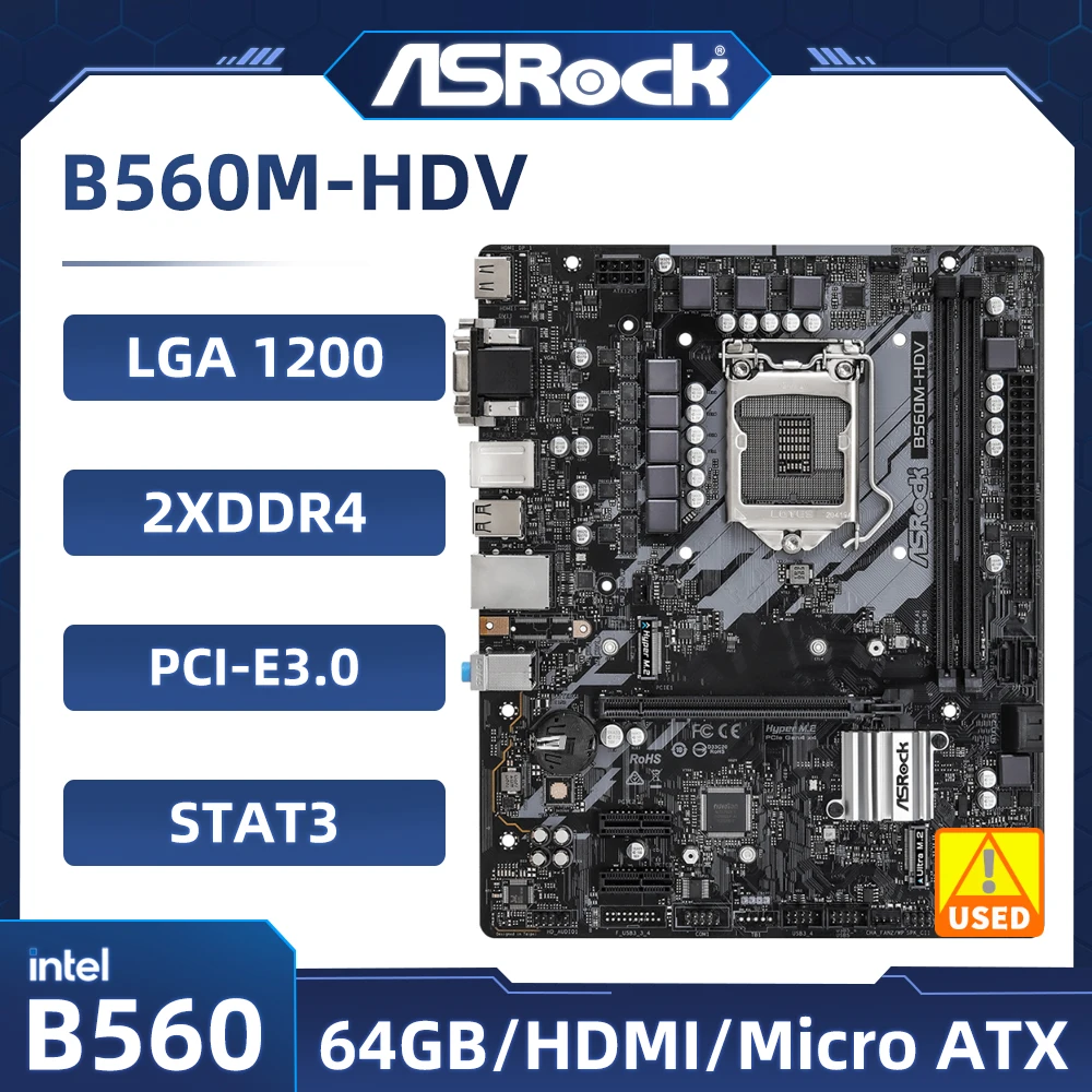 

Intel B560 Motherboard ASRock B560M-HDV LGA 1200 DDR4 64GB PCI-E 4.0 2×M.2 USB3.2 Micro ATX support 11th /10th Gen Core cpu