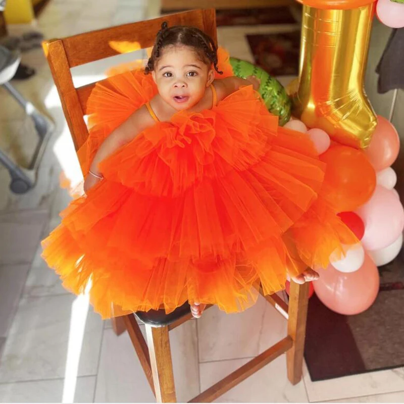 

Little Girl Dress Tiered Ball Gown Flower Girl Dresses for Wedding Custom made Orange Tutu Dress Long Spaghetti Tiered