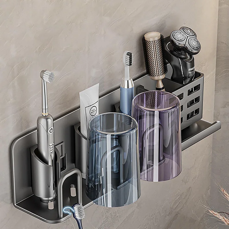 Aluminum Alloy Toothbrush Holder Multi-Function Toothbrush Cup Holder Wall Mounted No Drill Bathroom Organizer Bathroom Storage 2 Aluminum Alloy Toothbrush Holder Multi-Function Toothbrush Cup Holder Wall Mounted No Drill Bathroom Organizer Bathroom Storage - Billede 2