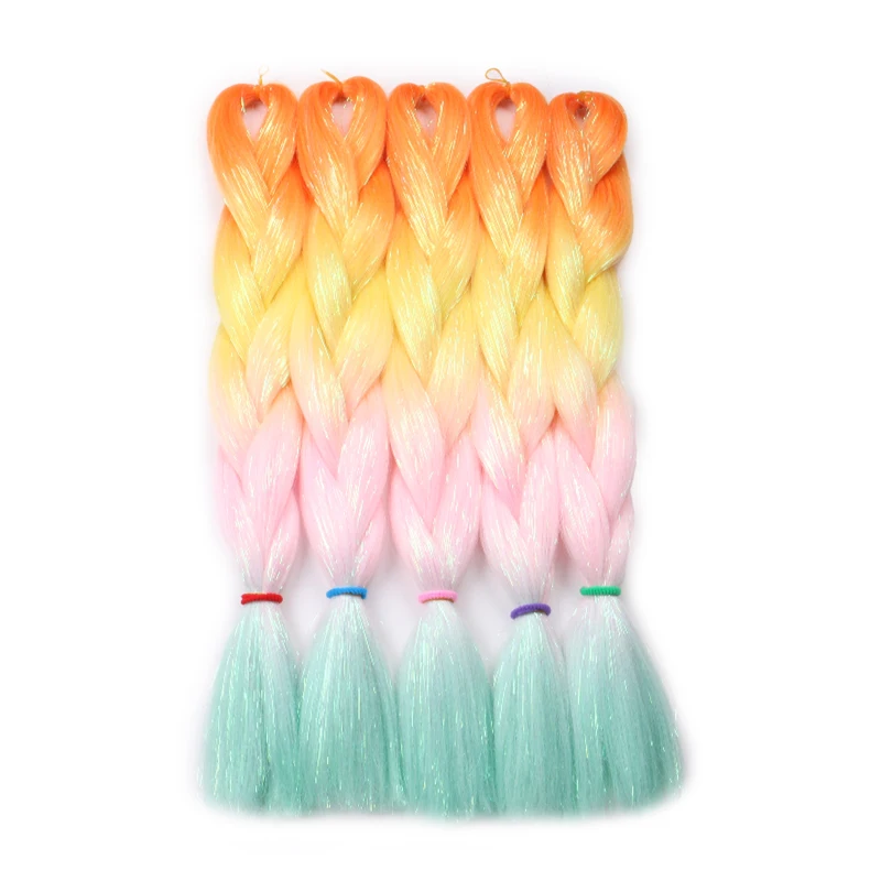 Extension Capillaire Synthétique Tressée avec Tinsel, Rose, Bleu, Violet, 24 Pouces, 100 Grammes, 5 Pièces