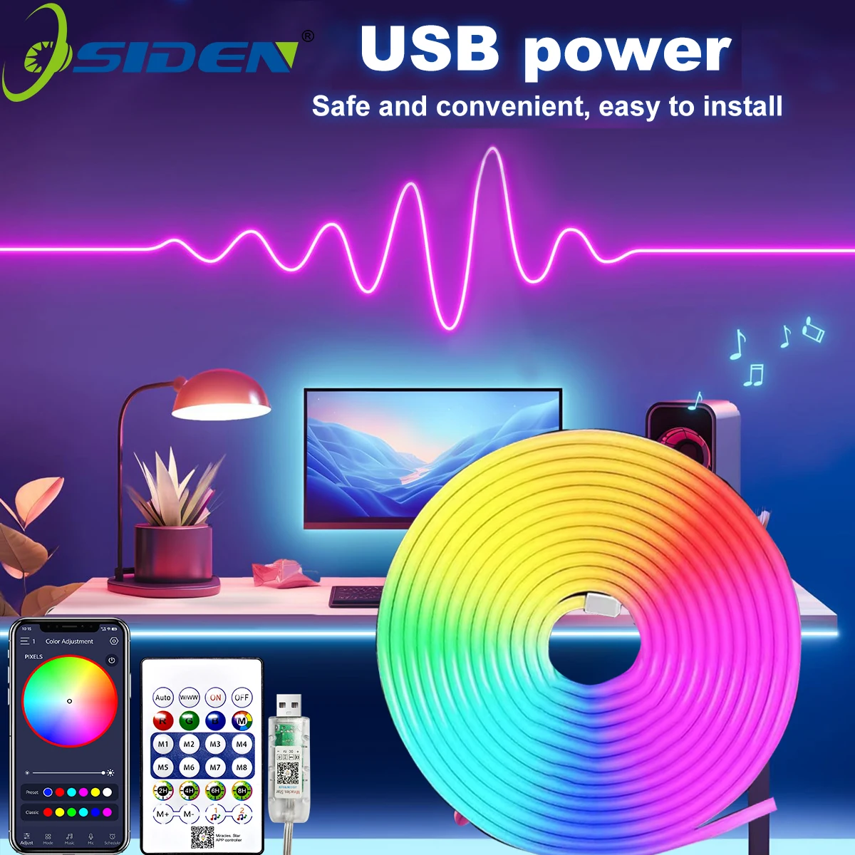 Striscia LED Neon RGBIC 2 Metri – 5V USB, Controllo Bluetooth E Telecomando, APP 'MR Star', Materiale Silicone Morbido, Effetti Musicali, Decorazione Casa.