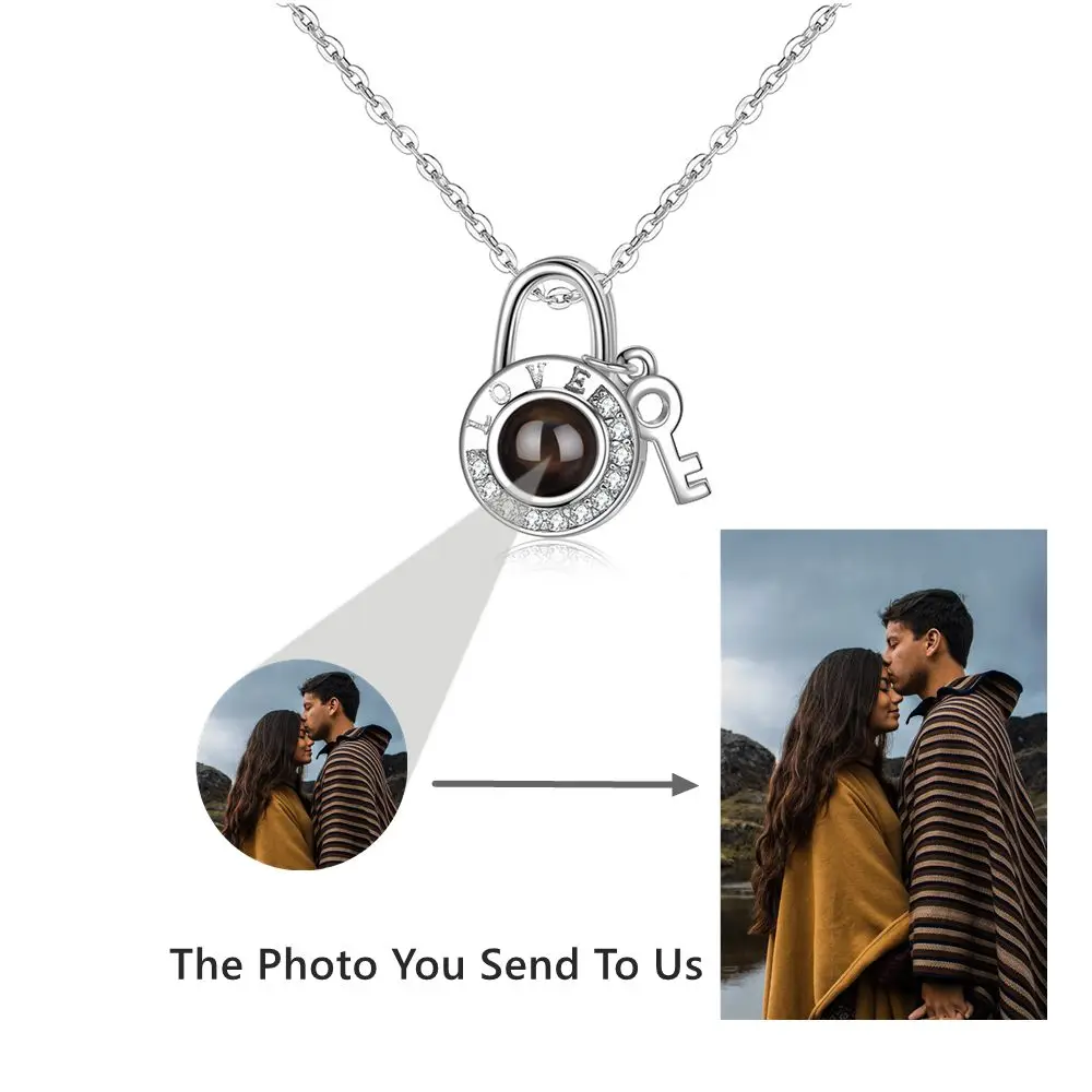 925 Sterling Silver Personalized Custom Photo Angel Wing Necklace for Women Lock Pendant Necklaces Long Chain Jewelry Gift Box