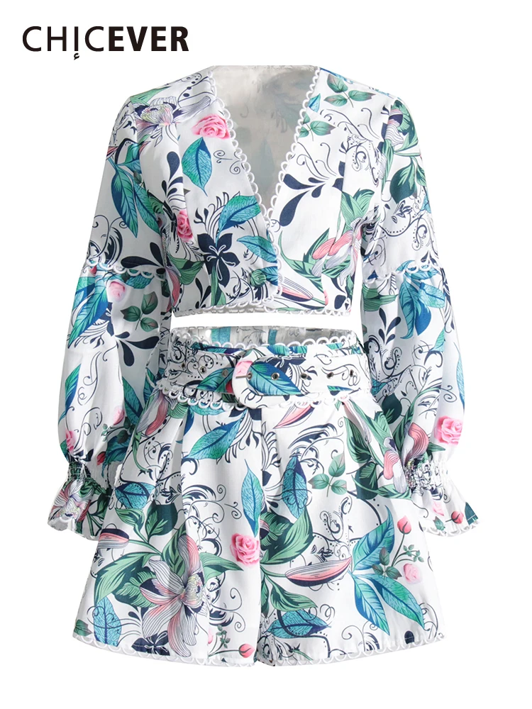 

CHICEVER Print Two Piece Sets For Women V Neck Long Sleeve Sexy Tops High Waist Folds Wide Leg Pants Hit Color Set Female Summer