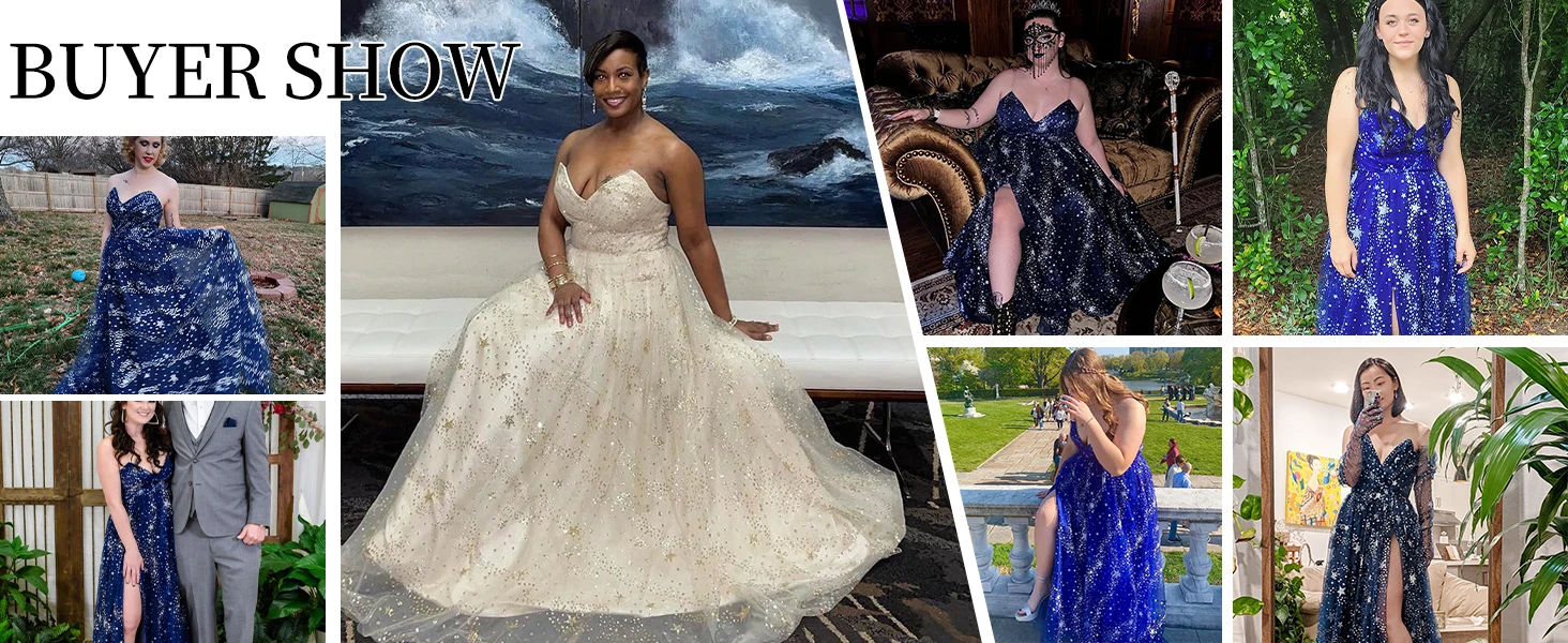Smileven Women Sparkle Starry Tulle Prom Dresses Strapless Slit Formal Evening Party Gowns