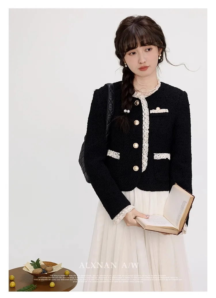

2023 Autumn New Small Fragrance Tweed Jacket Female Blazer Coat Long Sleeve Button Short Coat Casual Women Office Outwear