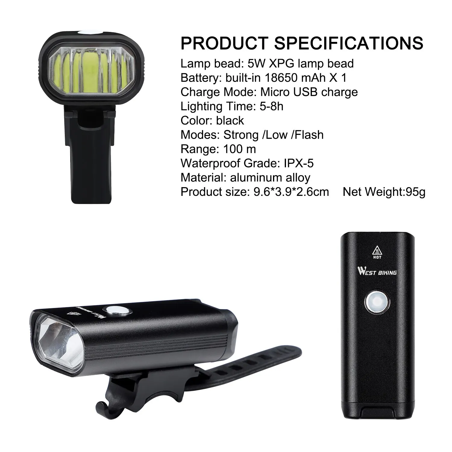 WEST BIKING Bicycle Light LED USB Rechargeable Bike Front Lamp 3 Modes Headlamp Safety Rainproof Flashlight Cycling Accessories