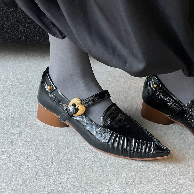 NEW Spring/Autumn Women Pumps Genuine Leather Shoes for Women Pointed Toe Chunky Heel Shoes Buckle Strap Handmade Pleated Shoes 5