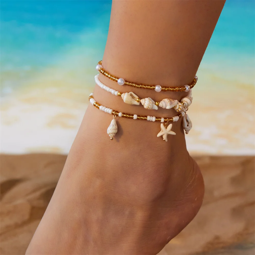 Trendy Round Beads Cute Turtle Starfish Multilayer Anklets For Women Summer Foot Chains Beach Jewelry Ankle Bracelet Accessories
