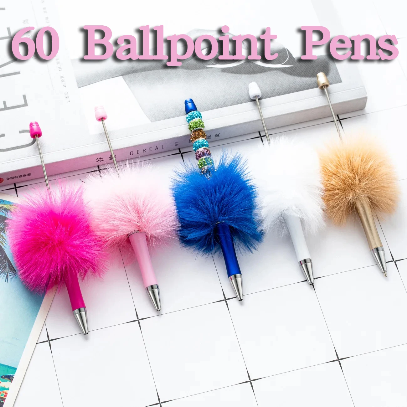 60Pcs  plush Ballpoint Pen Ball Pen for Students Office School   Mixed Colors Beads Pens